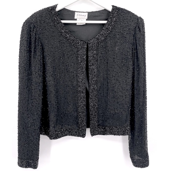 Vintage Stenay 100% Silk Jacket Black Beaded Jacket Large Formal CocktailEvening - Picture 1 of 6